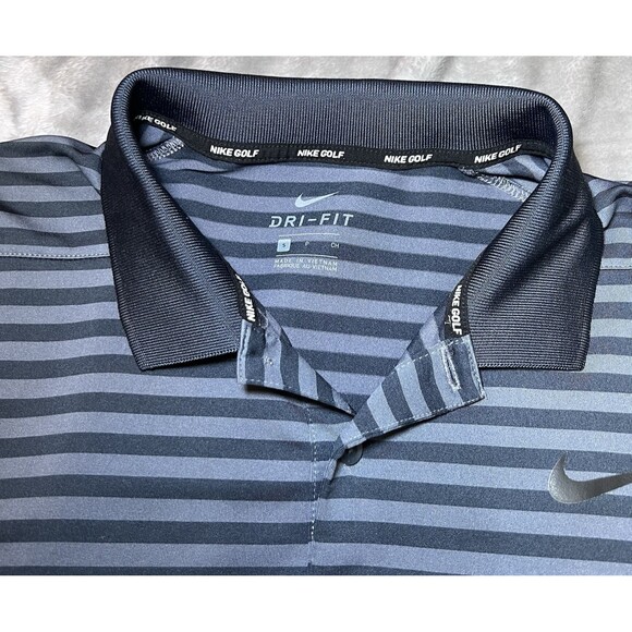 Nike Golf Dri-Fit Polo Shirt Mens Size Small Navy Blue Grey Striped Logo - Picture 7 of 12